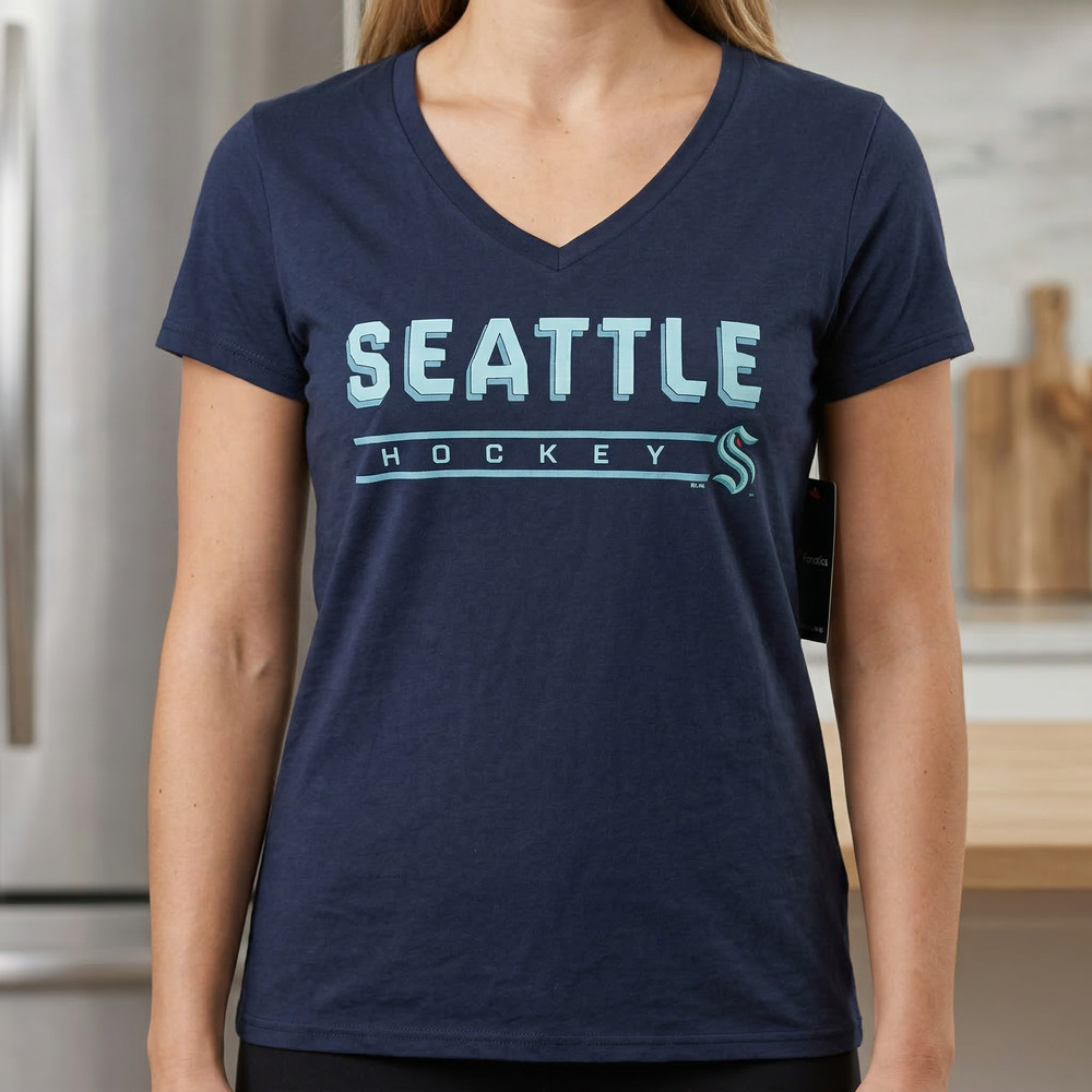 Fanatics Women's Seattle Kraken Hockey V-Neck Shirt Navy Blue NHL Graphic Tee M
